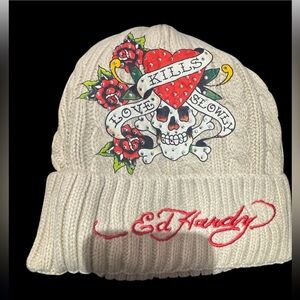 Ed Hardy adults unisex Ivory Beanie with Skull and Heart Motif